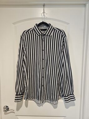 Bugatchi Black and White Vertical Stripe Button-Down Shirt #921